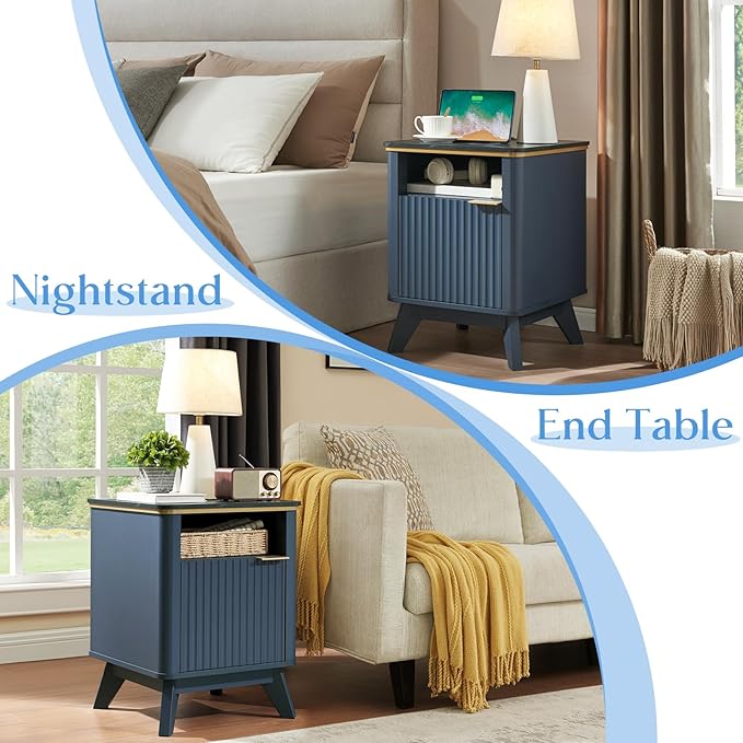 QUW Fluted Nightstands with Charging Station, 18" Modern Side Table, Wooden Bedside Table with Faux Marble Top, Open Storage, Cabinet, End Table for Bedroom, Living Room, Navy Blue