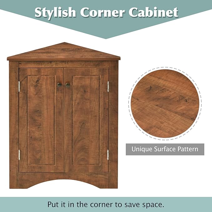 GDFStudio 31.5" H Triangle Corner Bathroom Storage Cabinet with Adjustable Shelves,Freestanding Floor Cabinet for Small Spaces,Water-Resistant Cabinet Modern Organizer for Home,Kitchen,Hallway, Brown