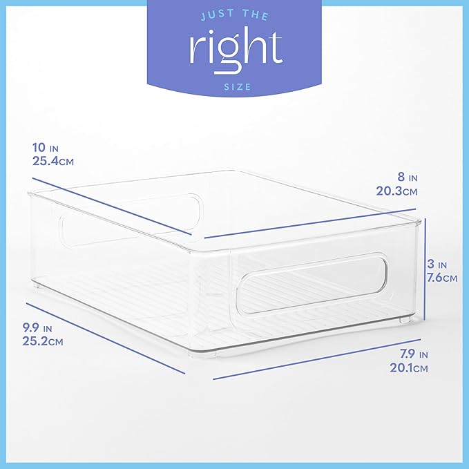 primebox Plastic Food Storage 2 pack Clear Container Bin with Handles for Organizing Kitchen, Pantry, Refrigerator, Freezer, Pantry, Cabinet, Closet, Bathroom. Stackable 10”x8”x3”