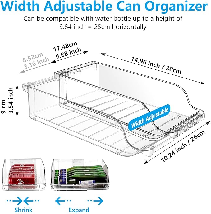 4 Packs Clear Width Adjustable Soda Can Organizer for Refrigerator Expandable Soda Can Dispenser for Beer Soda Seltzer Pop Can Soda Expand Organizer for Fridge Kitchen Pantry