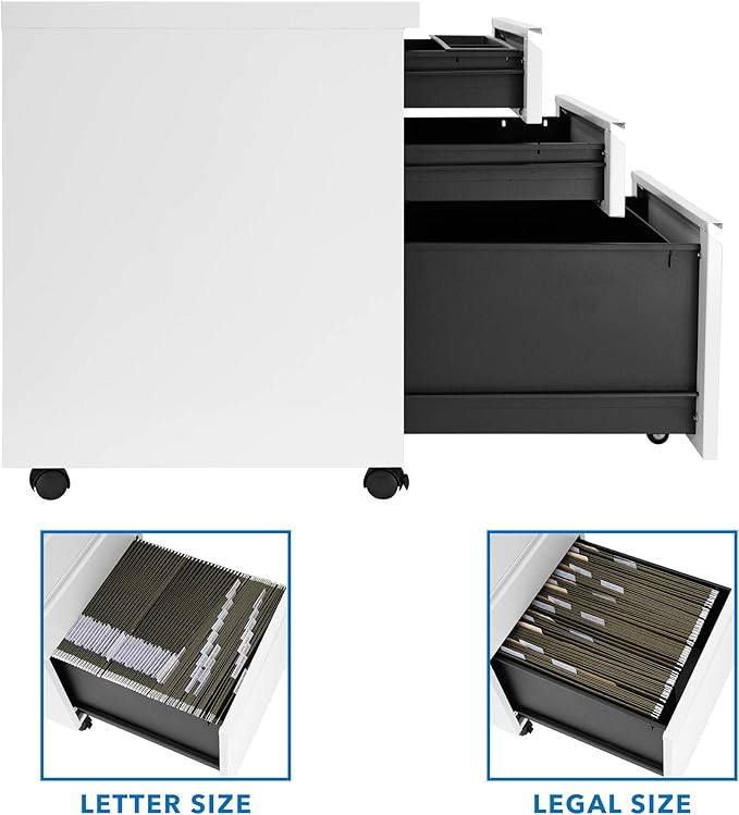 Mount-It! 3 Drawer Cabinet for Under Desk with Wheels | Rolling Storage with Lock for Supplies, Files, and Materials, Mobile Space Saving for Home and Office (White)