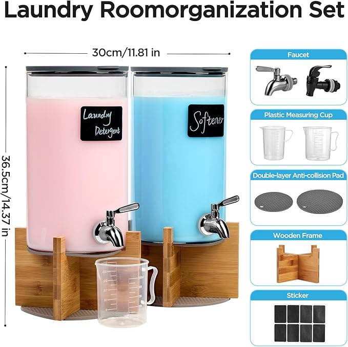 Glass Laundry Detergent Dispenser with Holder,1.1 Gallon Laundry Liquid Dispensers with Stainless-Steel Tap,Large Glass Fabric Softener Containers with Stand for Laundry Room Organization