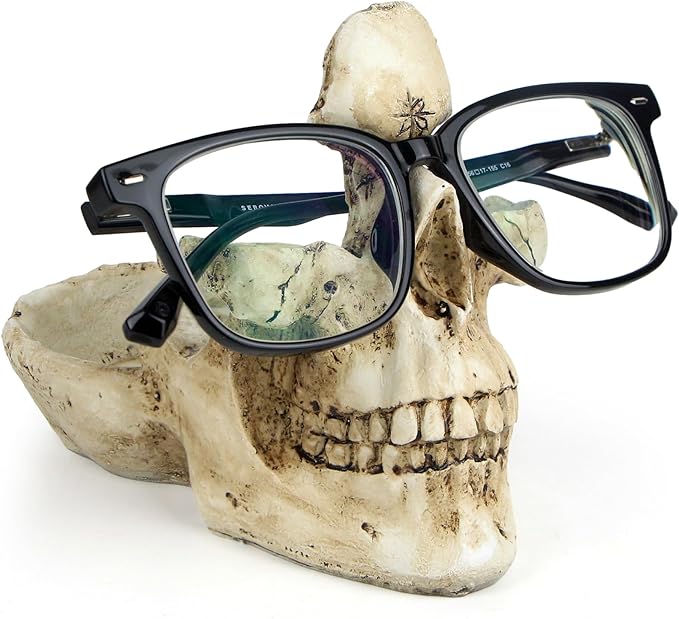 Mrlikale Skull Glasses Stand Holder, Creative Eyeglasses Holder, Sunglasses Spectacle Display Rack, Key Holder Resin Sculptures for Entryway, Home, Office, Desk, Nightstand (White)