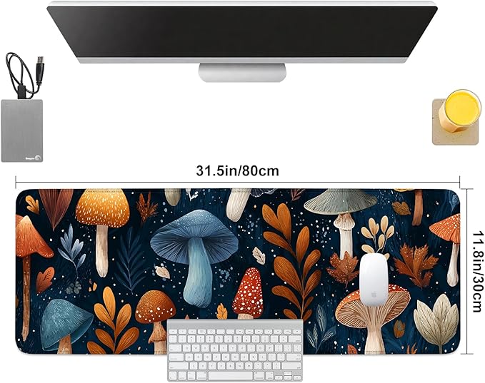 Mushroom Forest Mouse Pad – Large Extended Desk Mat 31.5 x 11.8 in– Autumn Woodland Fungi Illustration, Waterproof Surface, Non-Slip Rubber Base, Keyboard & Mouse Pad for Nature Lovers