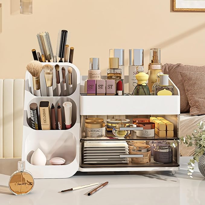 Makeup Organizer with Drawers,Large Capacity Countertop Organizer for Vanity,Bathroom and Bedroom Desk Cosmetics Organizer,Easy To Storage Skincare,Brushes,Lotions,Lipstick (White)