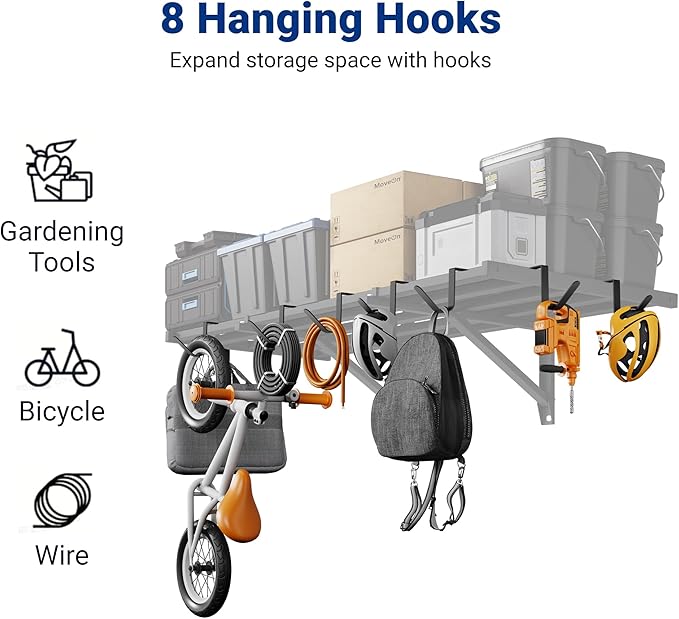 FLEXIMOUNTS 2x4ft Heavy Duty Garage Wall Shelving, 2-Pack Garage Shelving Wall Mounted with 8 Hooks, 400lbs Capacity, Storage for Power Tools, Garden Supplies, Storage Bins, Lite Series