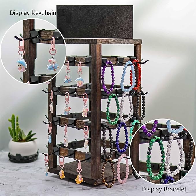 Wooden rotating Jewelry Display Stand with Removable 48 Hooks advertising board, For Earring Cards necklace bracelet Keychain Jewelry Organizer For Selling For vendor events (Dark brown)