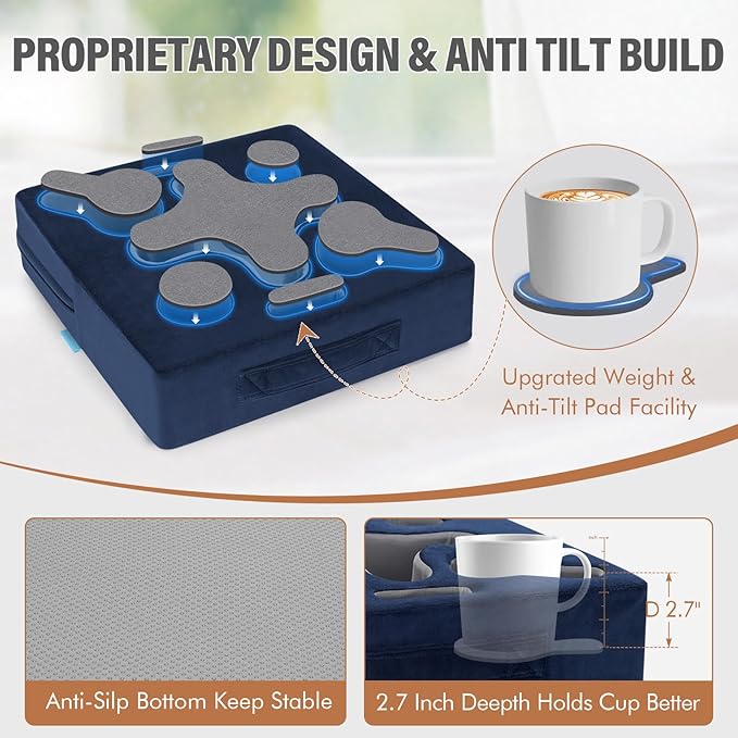 Couch Cup Holder-Sofa Cup Holder Pillow Tray Caddy Cupholder for Bed, Rv, Tv, Car, Man Cave, Backseat for Remote, Drinks, Snacks (Square-NavyBlue)