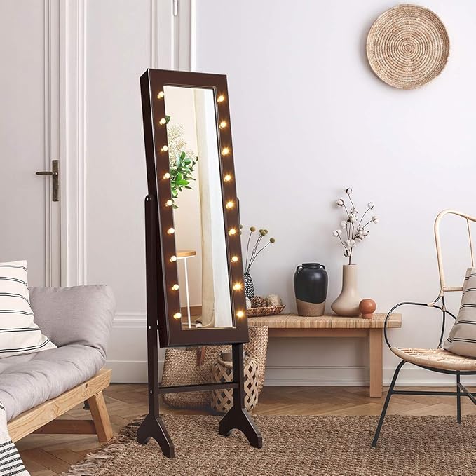Giantex Standing Jewelry Armoire with 18 LED Lights Around the Door, Large Storage Mirrored Jewelry Cabinet with Full Length Mirror, 16 Lipstick Holders, 1 Inside Makeup Mirror (Brown)