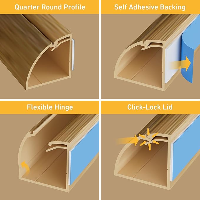 D-Line Cord Cover Kit, 30FT Self-Adhesive Wire Hider, Cable Raceway to Hide Wires on Wall, Cable Management - 6 x 5FT Channels and Accessories (0.87in (W) x 0.87in (H), Stainable Wood-Effect)