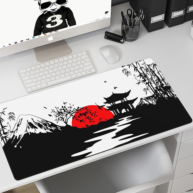 Desk Mat,Japanese Landscapes with Mountains Gaming Mouse Pad,XXL Extended Mouse Pad Mat for Office,Computer,Keyboard with Non-Slip Base Stitched Eges Mousepad 35.4x15.75 inch