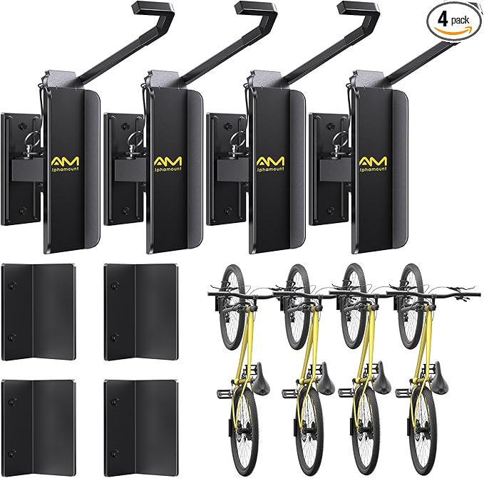 Alphamount AM Swivel Bike Wall Mount, Metal Wall Bike Rack with Durable Sleeves, Space-Saving Vertical Bike Rack with 180° Swivel for Home and Garage, Bike Wall Mount Up to 66 lbs, 4-Pack