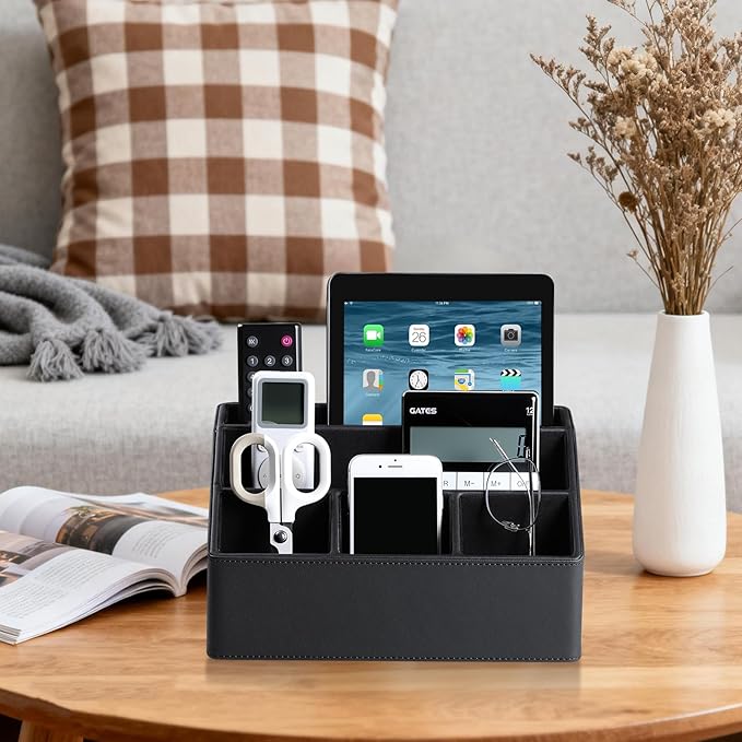Remote Control Holder with 5 Compartments for Office Art Supplies, PU Leather Nightstand Organizer Pencil Pen Desk Caddy for Home, Desktop TV Remote Control Organizer Storage (Black)