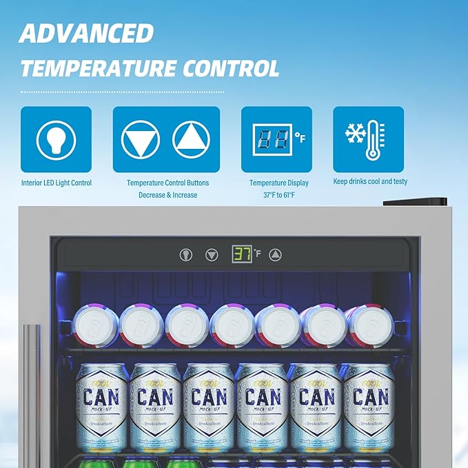 4.5 Cubic Feet Mini Fridge, 145 Can Freestanding Beverage Refrigerator with Glass Front Door for Soda, Beer Under Counter Drink Refrigerator with Adjustable Shelves and Digital Display