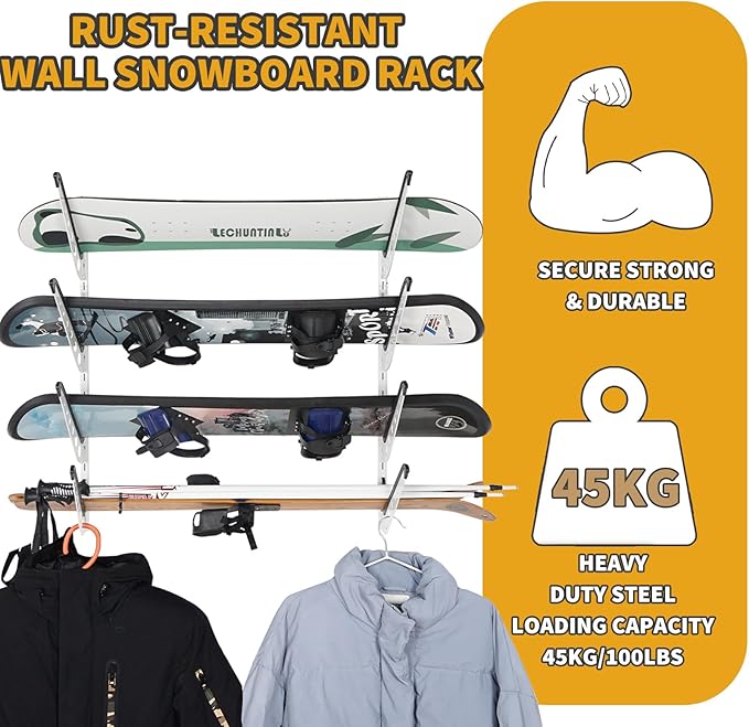 Snowboard Wall Racks, Adjustable Storage Rack for Ski, Surfboard, Wakeboard, Snowboard Wall Mount Display, White/Black