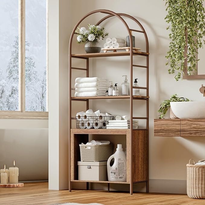 BREEZEHEAT 4-Tier Arched Bookshelf, 72" Tall Bookcase with Storage Shelves, Floor Standing Open Display Storage Shelf with Metal Frame, Large Organizer for Living Room, Home Office, Bedroom, Walnut