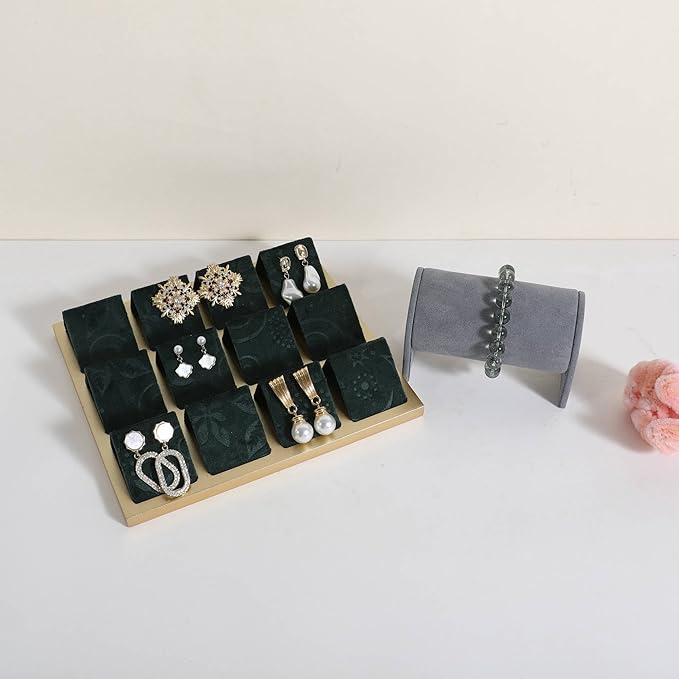 GemeShou Golden coated earring display stand for selling, velvet stud earring holder for jewelry display, Jewlery earring storage organizer tray, studs holder jewelry organizer【Earring holder-Green】