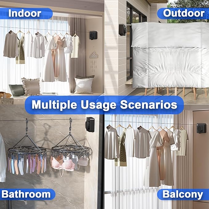 Retractable Clothesline Indoor & Outdoor, 15.6 Ft Non-Sagging Stainless Steel Laundry Line with Wall Mounted Heavy Duty Design, Space-Saving Drying Rack for Bathroom, Balcony(Square Black)