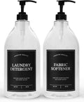 Calindiana Laundry Detergent Dispenser for Laundry Room Organization, Clear 64oz PET Plastic Landry Soap Containers with Black Water Resistant Labels, Black Pumps and Screw Caps, Collapsible Funnel