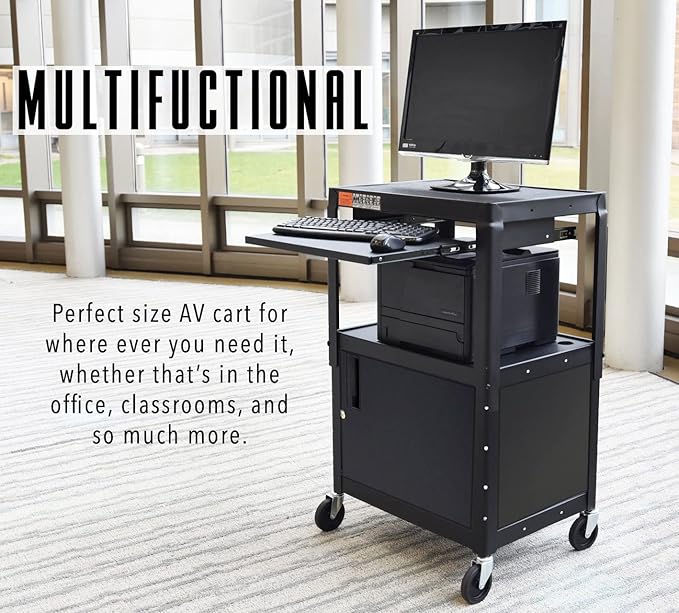 Stand Steady AV Cart with Locking Cabinet, Adjustable Height, UL Certified, Steel Frame, Black