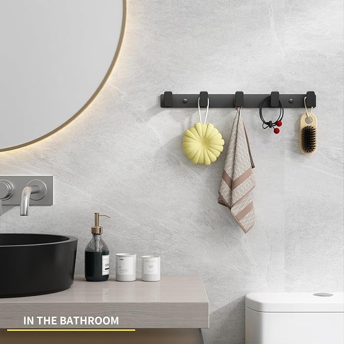 Coat Hook Wall Rack Hanger - Double Coat Rack with 5 Hooks Wall Hooks for Hanging Hat Key Bag Towel Wall Mount Coat Rack, Black 2 Packs