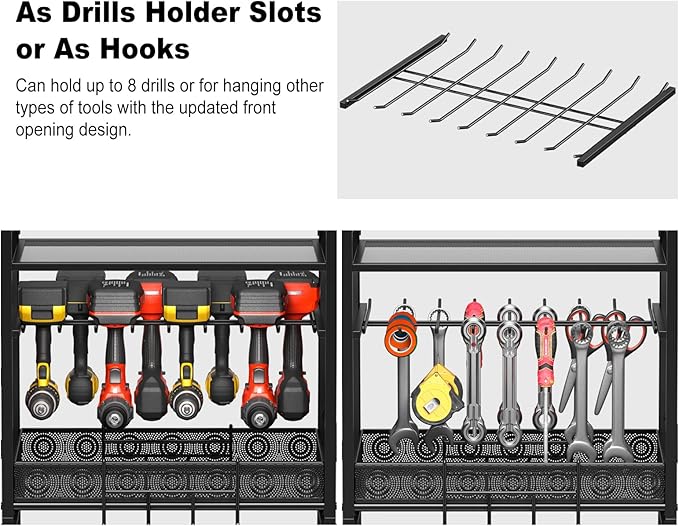 JUNNUJ Power Tool Organizer Floor Stand with Charging Station, Garage Adjustable Storage Rack Utility Tool Shelf with 8 Outlet 10 FT Power Strip, Heavy Duty Drill and Battery Holder