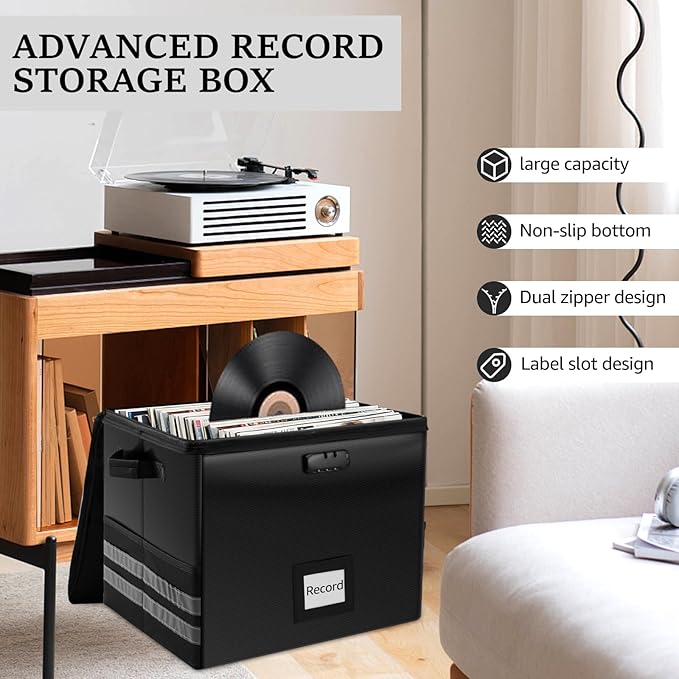 1/4 Pcs Vinyl Record Storage Box with Lid and Handles, Oxford Cloth Record Album Storage Crate, Foldable and Stackable Record Organizer Storage Case for Collecting Valuable Album (1/with Lock)