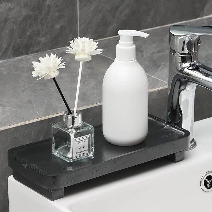 Wood Riser Small Decorative Tray Sink Soap Dish, Vanity Tray Pedestal Stand 10 x 4.5 inches (Black)