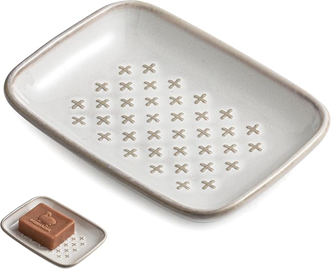 Gomakren Soap Dish, Shower Soap Holder, Christmas Ceramic Soap Dishes for Bar Soap Sponge Shampoo, Soap Saver Tray for Bathroom Kitchen Sink Counter, 5.5 Inch, Beige