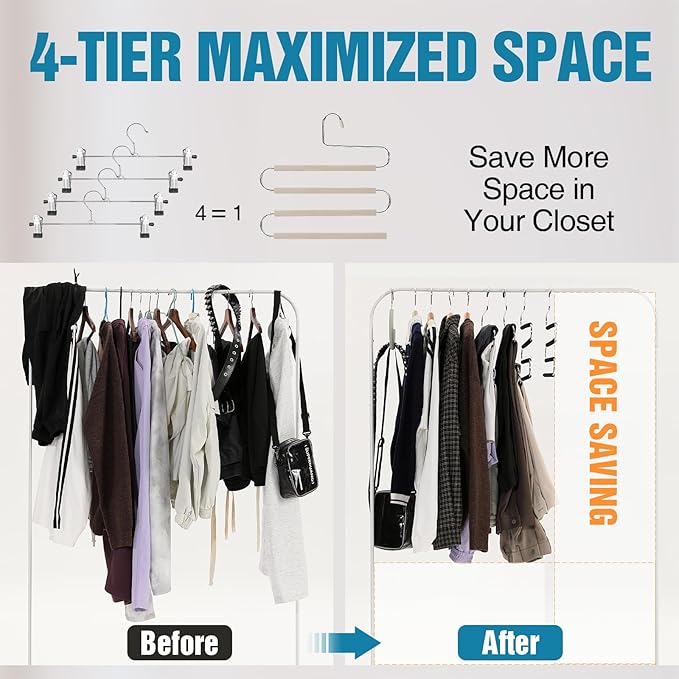 Multiple Space Saving Non Slip Foam Padded Pants Hangers 4 Tier Steel Open Ended No Creases Tiered Beige 3 Pack