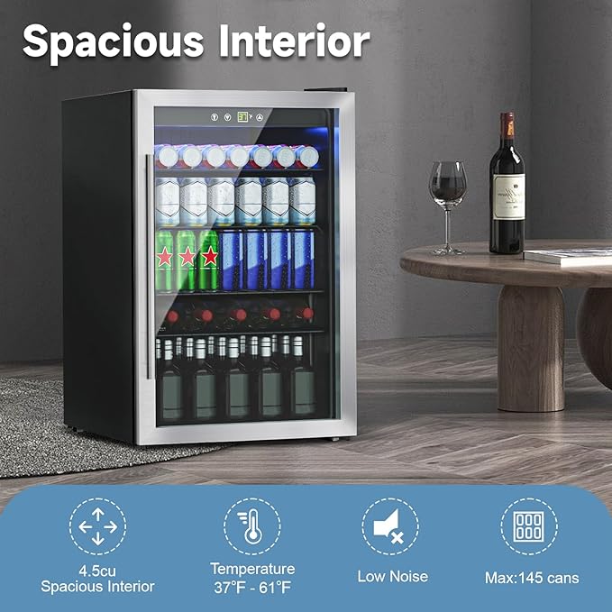 4.5 Cu.ft Beverage Refrigerator Cooler, 145 Can Mini Fridge with Glass Reversible Door, Digital Temperature Display for Soda, Beer or Wine For Office or Bar with Adjustable Removable Shelves