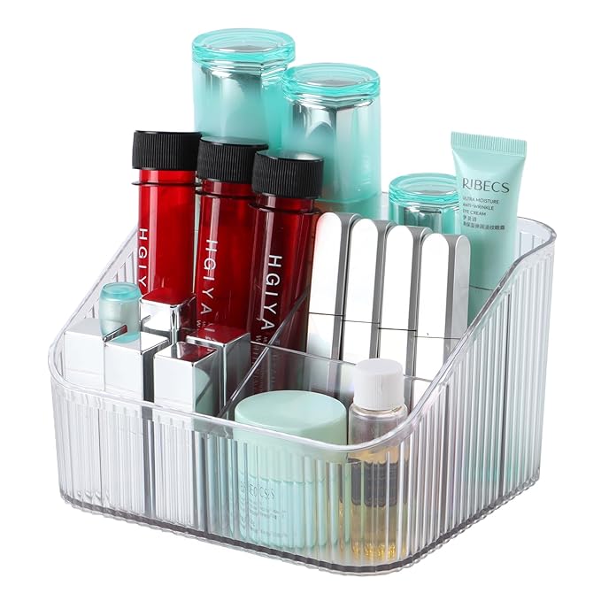 Clear Makeup Brush Holder & Organizer for Vanity, Bathroom Countertop - 5 Cup Toiletry Organizer, Storage & Display for Skincare, Perfume, Hairbrush, Sunglasses & Desk Accessories