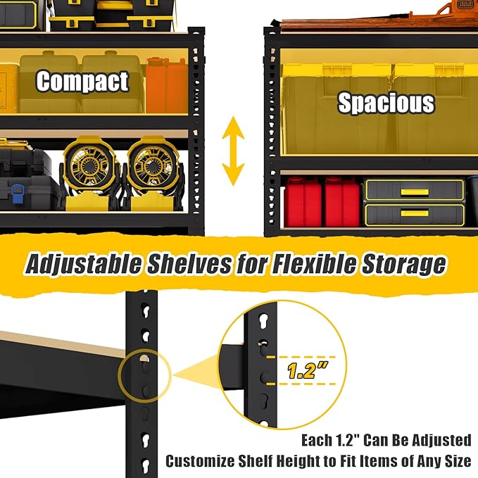 5-Tier Metal Storage Shelves: Heavy Duty Garage Shelving Adjustable Shelves for Storage - Black Utility Rack Shelf for Pantry, Warehouse, Office, Kitchen, 28" W x 12" D x 59" H, 3PCS