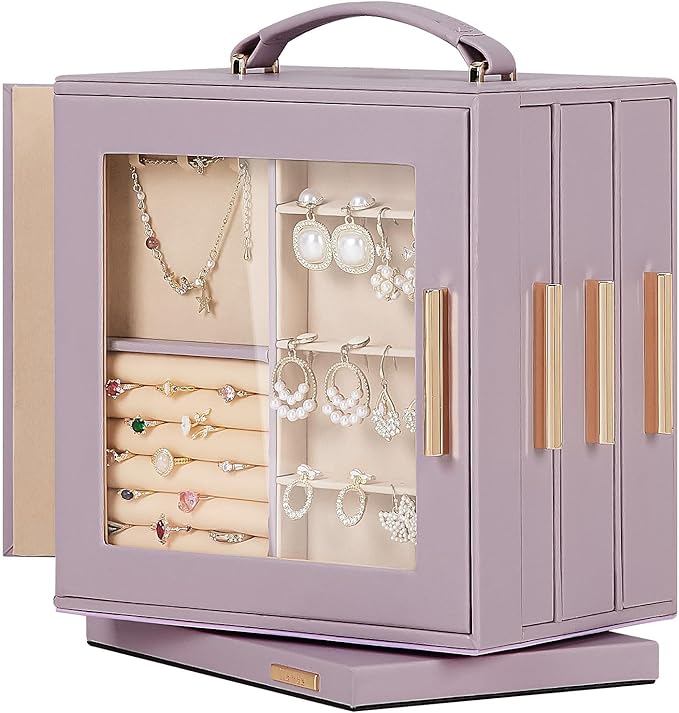 Homde Christmas Gifts Jewelry Box 360° Rotating, Necklace Earring Organizer with Transparent Window, Mirror, 7 Drawers, Large Ring Display Storage Case for Girls Women (Grey Purple)