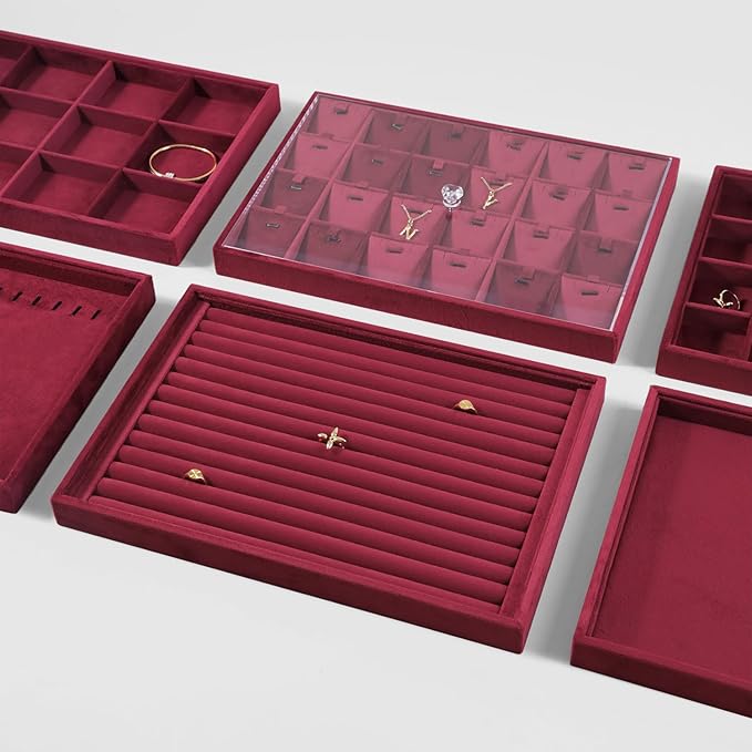 Velvet Ring Display Tray, Stackable Muilt Slot Rings Ear Stud Storage Tray, Drawer Insert Jewelry Accessories Organizers Plate (Red)