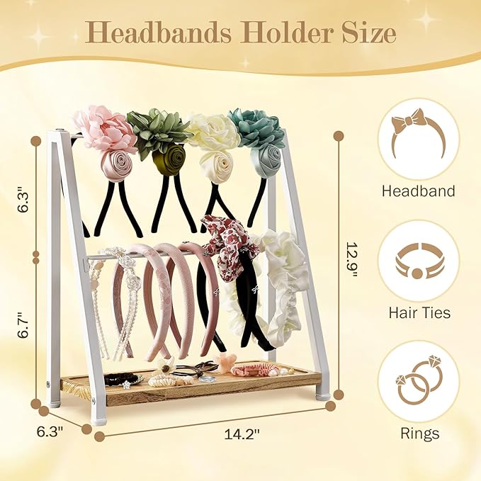 Headband Holder Organizer Metal 2-Tier Display Stand for Selling, Home Bedroom Headband Storage for Girls Women, Headband Stand Wood Base Can Store Hair Ties, White