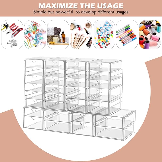 Makeup Organizer Storage With 16 Drawers, 4 Pcs Desktop Office Supplies, Desk Organizers, Clear Accessories, Dustproof Drawer and for Make Up, Jewelry, Pen, Stationary