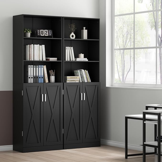 Loomie Industrial Bookshelf with Door, 6 Tier Farmhouse Book Shelf with Adjustable Shelves,70" Tall Display Etagere Bookcase,Floor Standing Unit Book Case Furniture for Home Office,Living Room (Black)