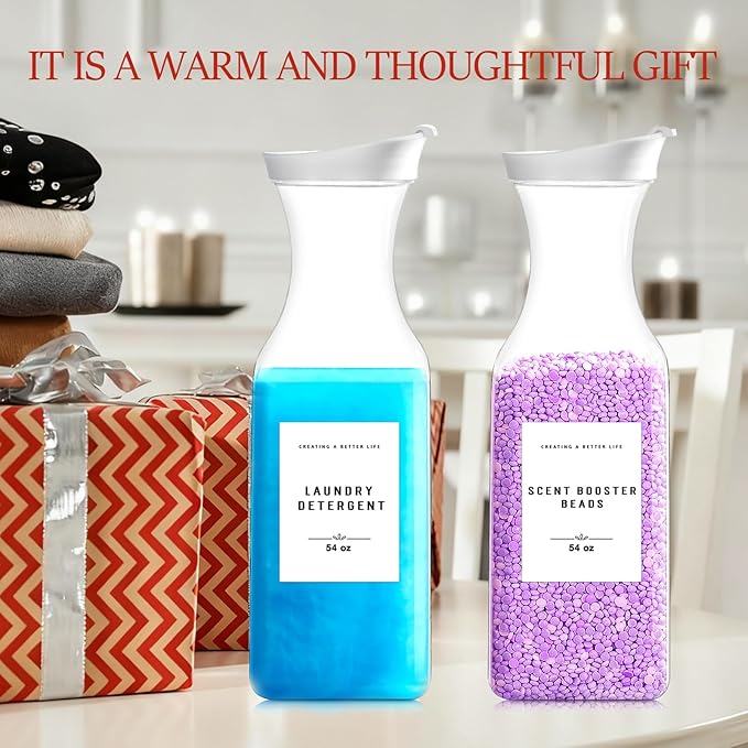 Laundry Detergent Dispenser Bottle 54oz with Waterproof Label for Laundry Detergent Soap Fabric Softener Bleach Scent Booster Beads, Sturdy PET Plastic Bottle for Laundry Room Decor 2 Pack White