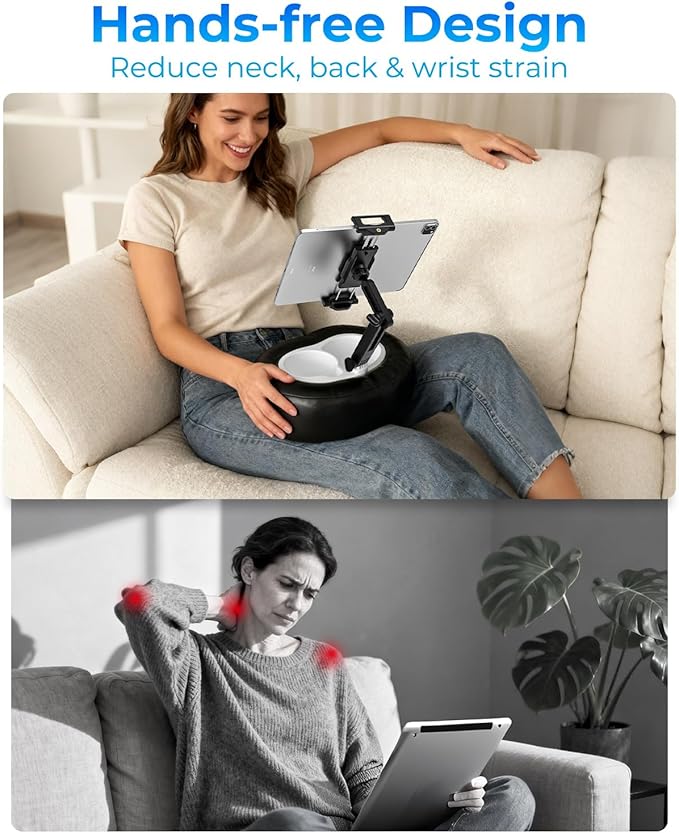 Tablet Pillow Stand with Storage Liner - Leatherette, Stable Support for 6.1-15.6 Inch Devices, Waterproof & Foldable for Sofa/Bed/Floor, Fit Thickness Case for iPad Pro/Air/Mini, Galaxy Tab