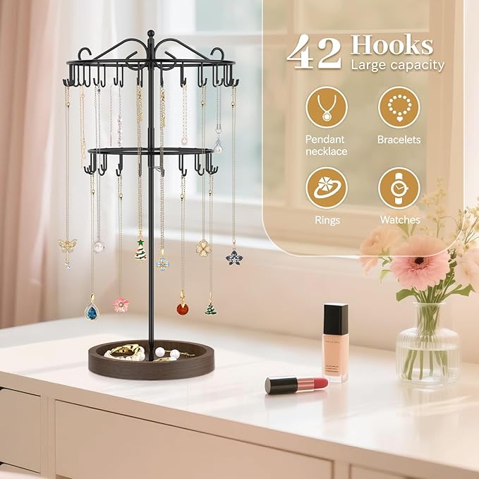 MODOWEY Rotating Necklace Holder Stand Organizer, 2 Tier Adjustable Extra Tall Metal Display Tree with Wooden Tray, 42 Hooks Pendant Hanger for Women Men, Stylish and Secure Jewelry Rack, Black