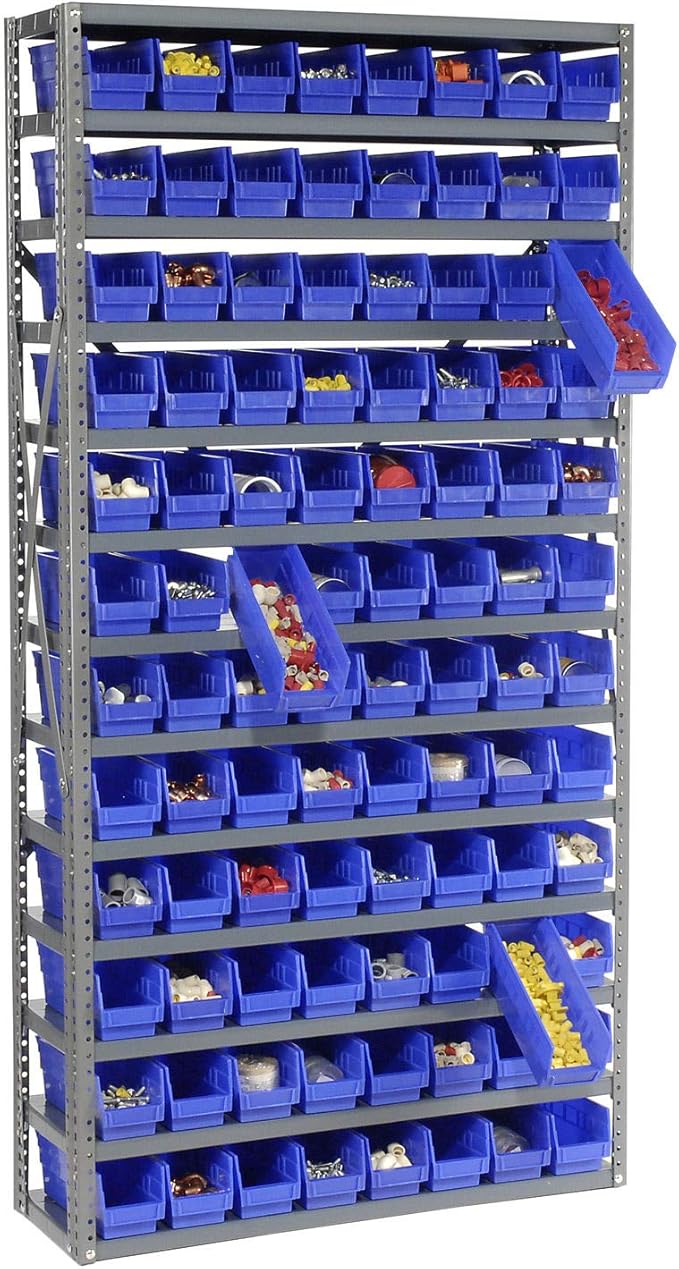 Global Industrial 13 Shelf Steel Shelving with (96) 4" H Plastic Shelf Bins, Blue, 36x12x72