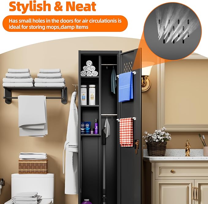 Aobabo 72" H Garage Storage Cabinet with Wheels, Broom Closet Lockable Metal Cleaning Tool Cabinet with Hooks, for Cleaning Supplies Broom mops, Assembly Required, Black