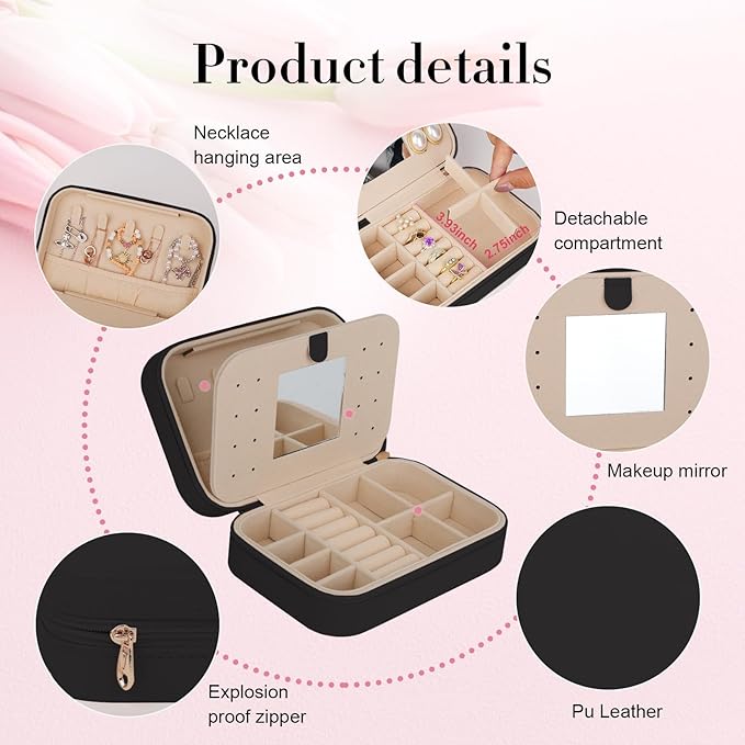 TopPerfekt Travel Jewelry Case, Jewelry Box with Mirror, Jewelry Organizer Bridal Shower Gifts to Her, Earring Storage Travel Case, Trendy Gift for Women and Girls, Girlfriend-pure Black