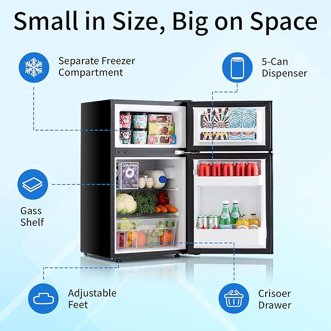 Compact Refrigerator 3.2 Cu.Ft Mini Fridge with Freezer, 7-Temperature Settings Double Door Compact Refrigerator, Adjustable Thermostat & Removable Shelves for Dorm Apartment (2 Door)