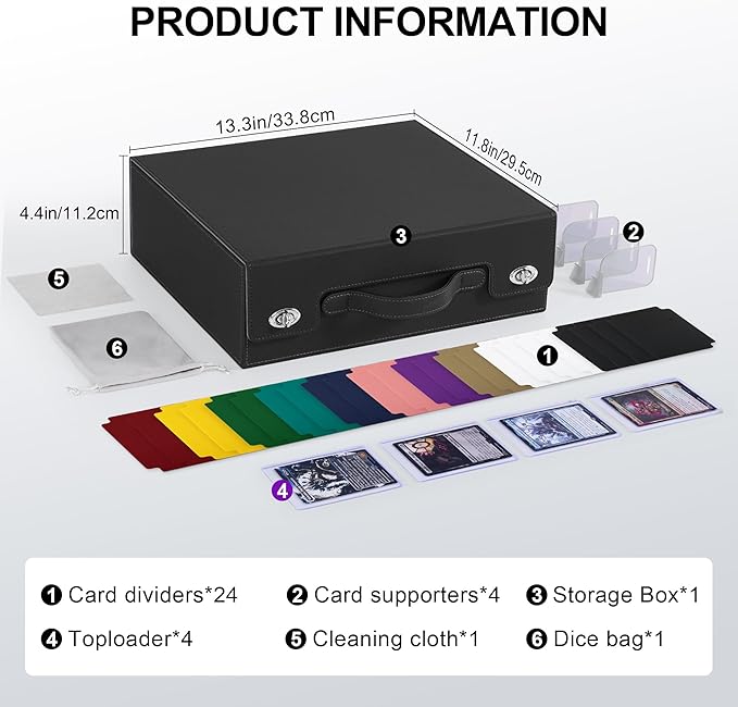 Trading Card Storage Box with Portable Handle, 3000+ MTG Storage Box with 4 Card Stoppers Commander Display Deck Box Card Case Top Loaders MTG TCG Sports Cards Commander Deck Box(Black&gray)