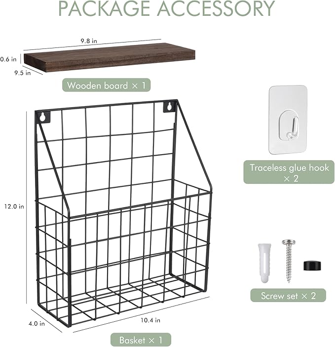 Mail Holder Magazine Basket - 1 Pack Black Wall Mount File Organizer Rack of Wooden Style with Adhesive Mounting - Metal Wire Hanging Sorter for Document Folders Newspaper Clipboard Brochure Display