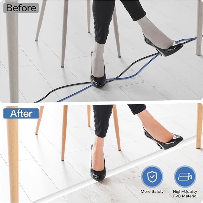 Floor Cord Cover Self Adhesive Cord Hider Floor Extension Cord Covers for Floor Power Cord Protector Cable Management Prevent Cable Trips Cable Cavity 0.47" W x 0.27" H (White, 20Ft)
