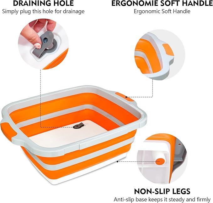 8L/16L BBQ Prep Tub with Cutting Board, Lid & Complimentary Mitts/Gloves – Collapsible Bucket for BBQ, Marinade, Picnic, Camping, Meat Prep – Orange/Black (Orange, X-Large Lid Lock)