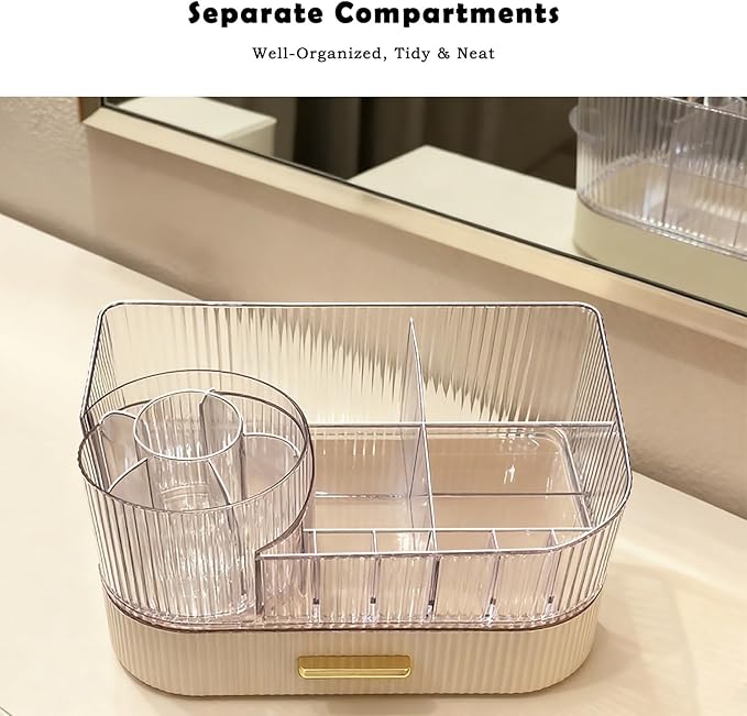 Makeup Organizer for Vanity with Stackable Drawers, 360 Rotating Makeup Brush Holder Large Cosmetic Display Case for Dresser, Bathroom Countertop Skincare Organizers and Storage (3-layer)